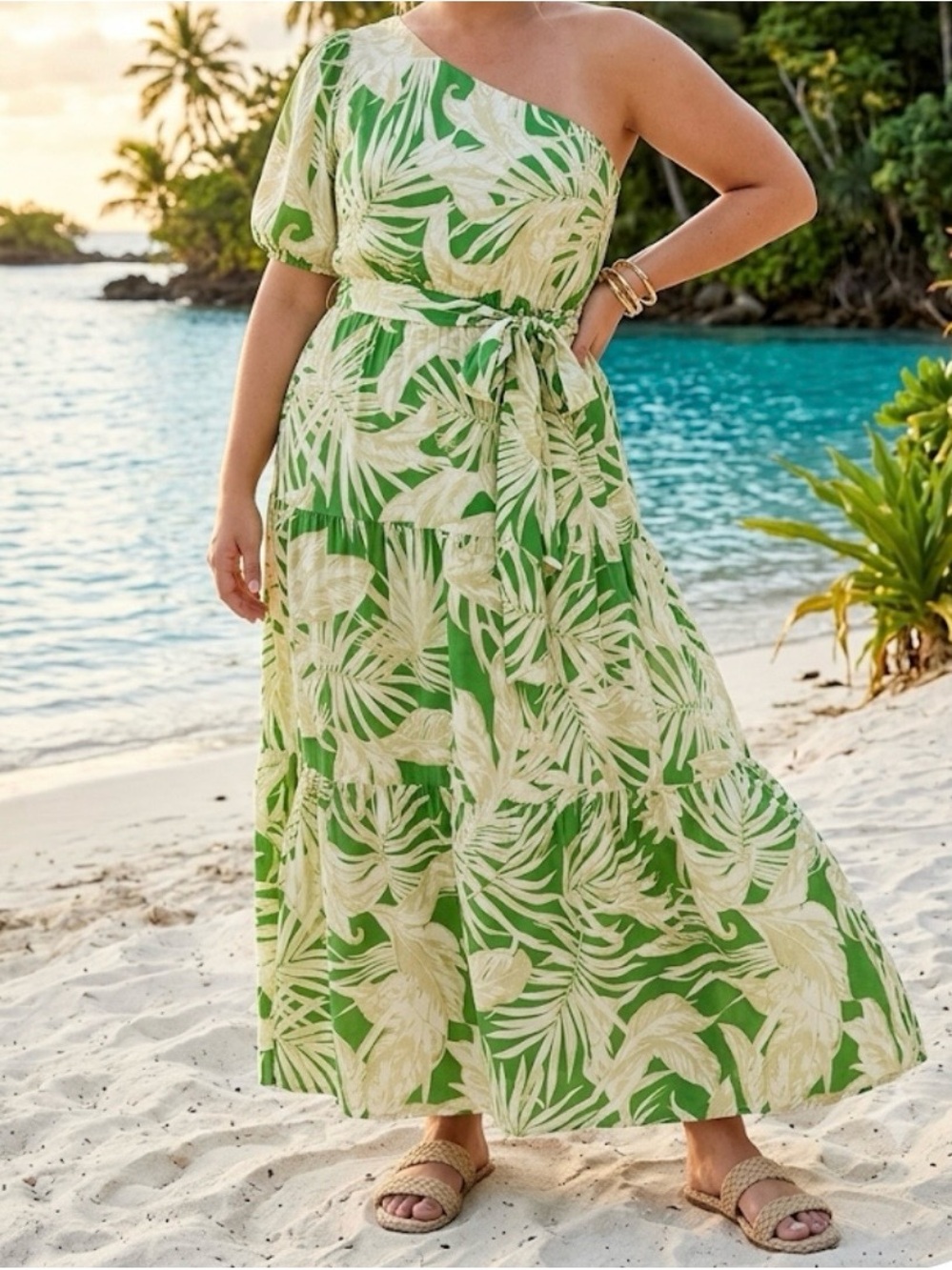 Flying Tomato Green and Cream One-Shoulder Maxi Tall Dress